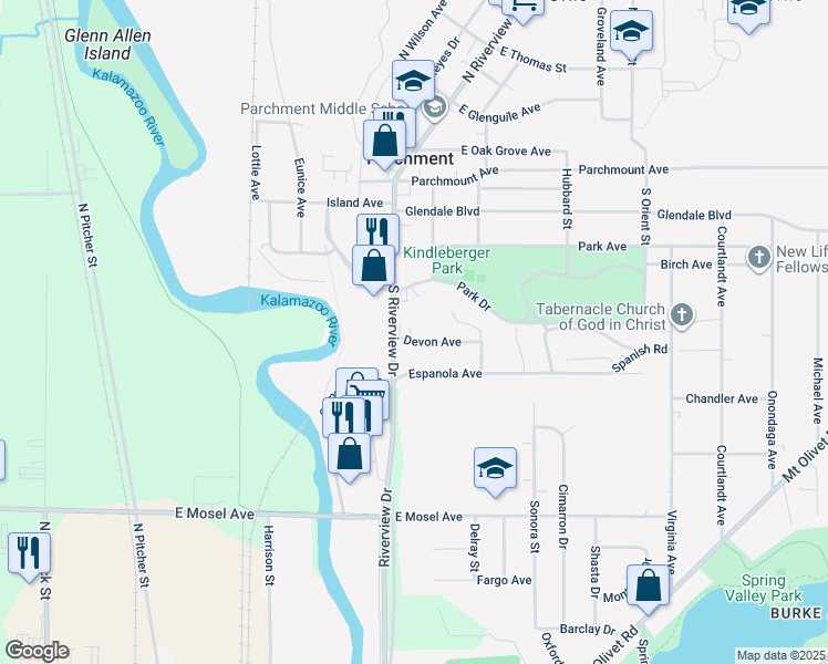 map of restaurants, bars, coffee shops, grocery stores, and more near 134 Devon Avenue in Parchment