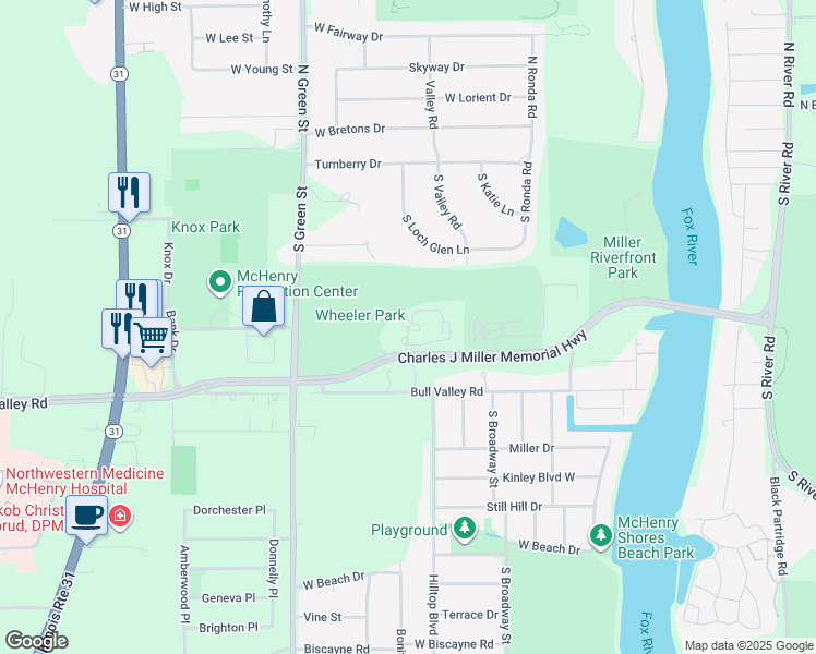 map of restaurants, bars, coffee shops, grocery stores, and more near 3300 Charles J Miller Memorial Highway in McHenry