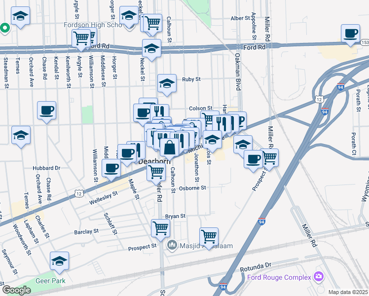 map of restaurants, bars, coffee shops, grocery stores, and more near 13269 Michigan Avenue in Dearborn