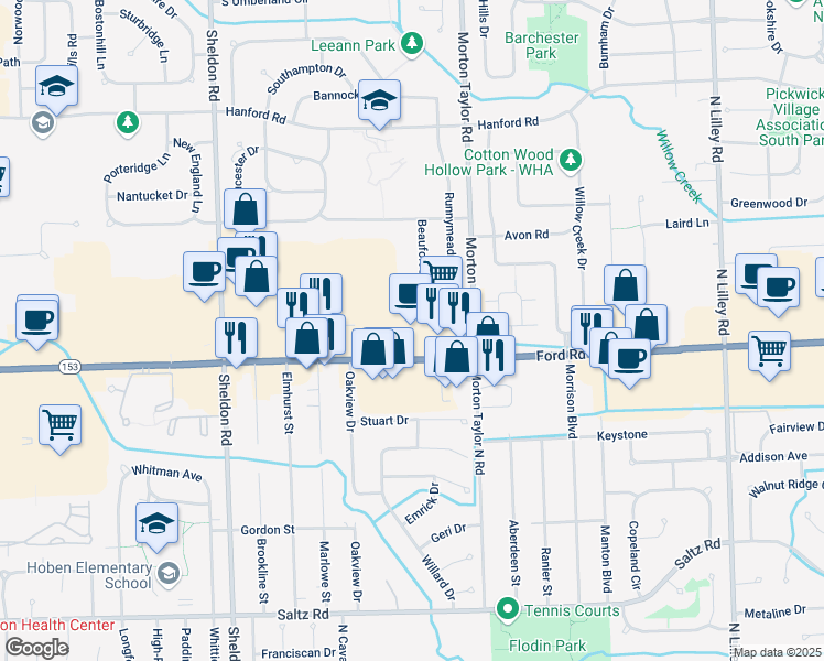 map of restaurants, bars, coffee shops, grocery stores, and more near 43670 Ford Road in Canton