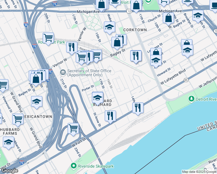 map of restaurants, bars, coffee shops, grocery stores, and more near 1241 16th Street in Detroit