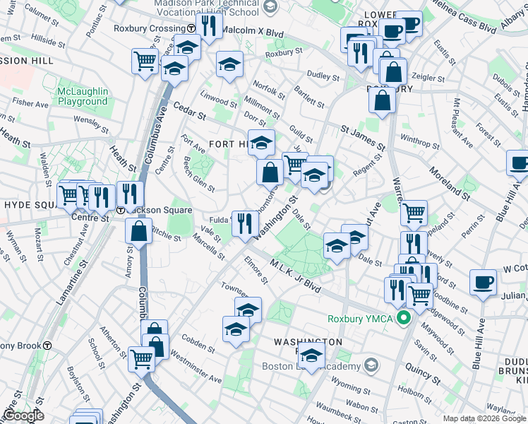 map of restaurants, bars, coffee shops, grocery stores, and more near 2757 Washington Street in Boston