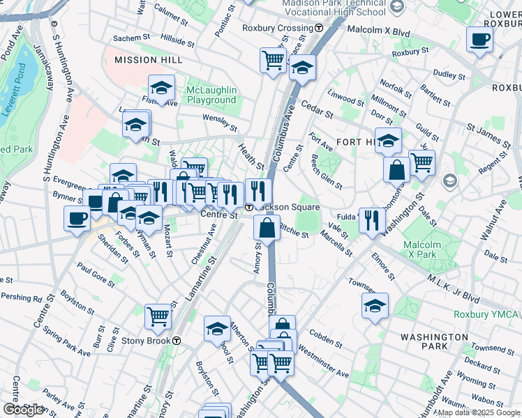 map of restaurants, bars, coffee shops, grocery stores, and more near 1596 Columbus Avenue in Boston