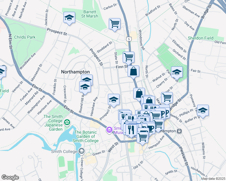 map of restaurants, bars, coffee shops, grocery stores, and more near 77 Prospect Street in Northampton