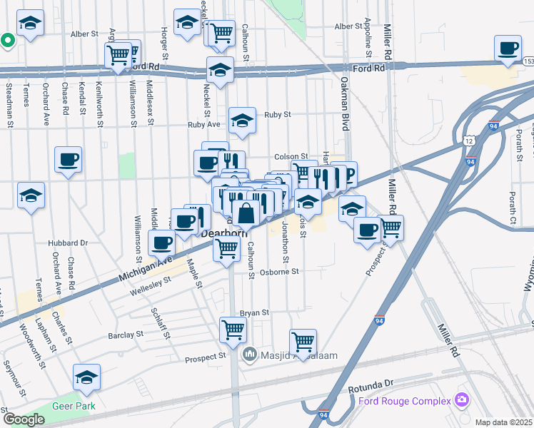 map of restaurants, bars, coffee shops, grocery stores, and more near 13269 Michigan Avenue in Dearborn