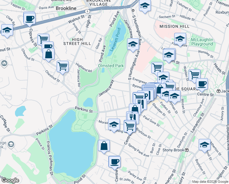 map of restaurants, bars, coffee shops, grocery stores, and more near 69 Parkton Road in Boston