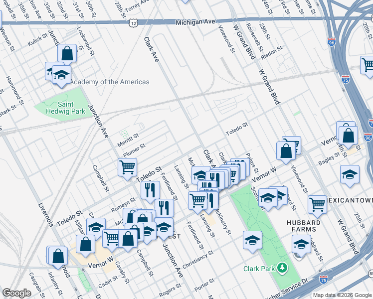 map of restaurants, bars, coffee shops, grocery stores, and more near 4641 Toledo Street in Detroit