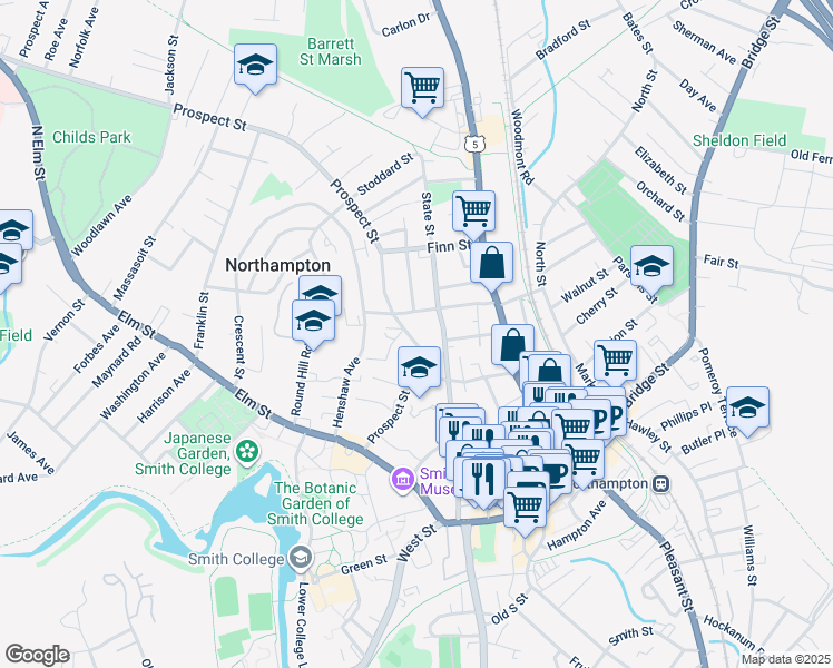 map of restaurants, bars, coffee shops, grocery stores, and more near 73 Prospect Street in Northampton