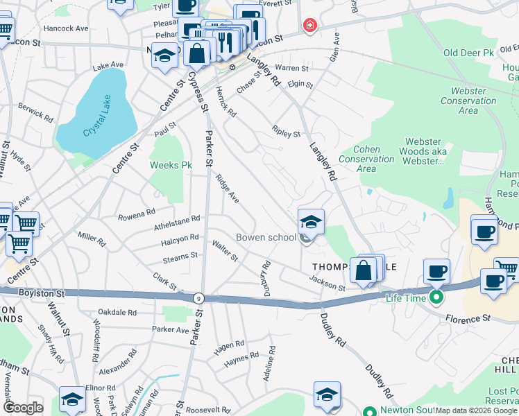 map of restaurants, bars, coffee shops, grocery stores, and more near 87 Ridge Avenue in Newton