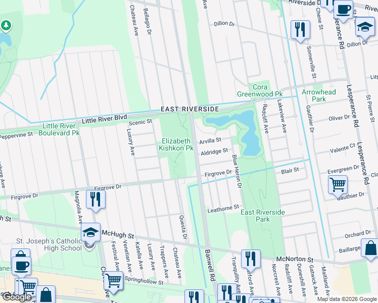 map of restaurants, bars, coffee shops, grocery stores, and more near 1675 Banwell Road in Windsor