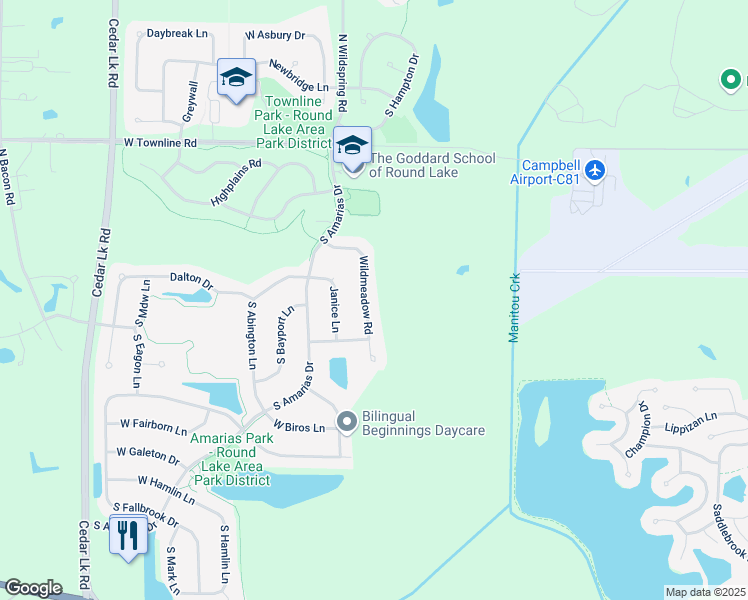map of restaurants, bars, coffee shops, grocery stores, and more near 1397 Wildmeadow Road in Round Lake