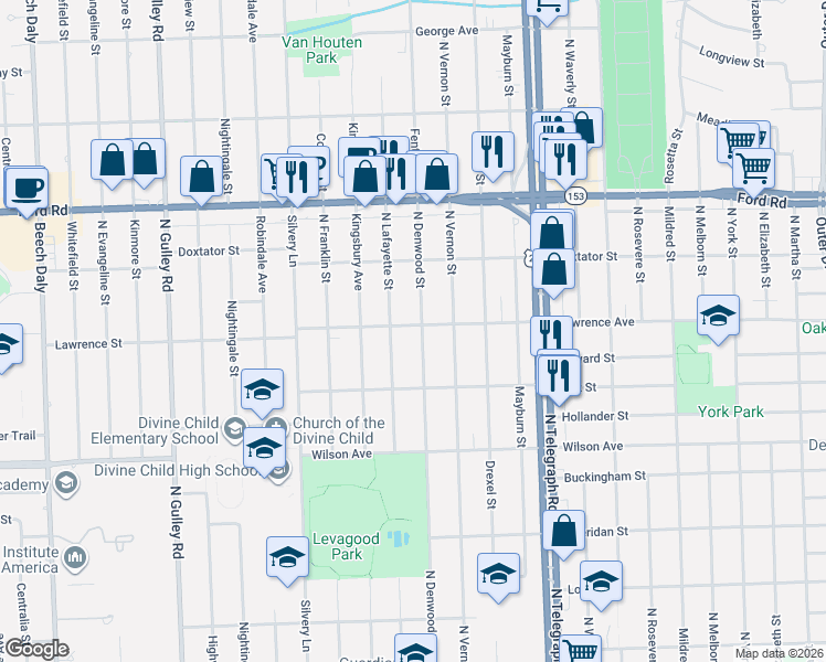 map of restaurants, bars, coffee shops, grocery stores, and more near 1606 North Denwood Street in Dearborn