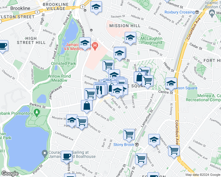map of restaurants, bars, coffee shops, grocery stores, and more near 358a Centre Street in Boston