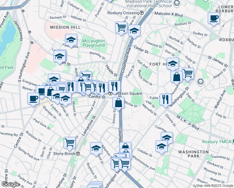 map of restaurants, bars, coffee shops, grocery stores, and more near 1596 Columbus Avenue in Boston