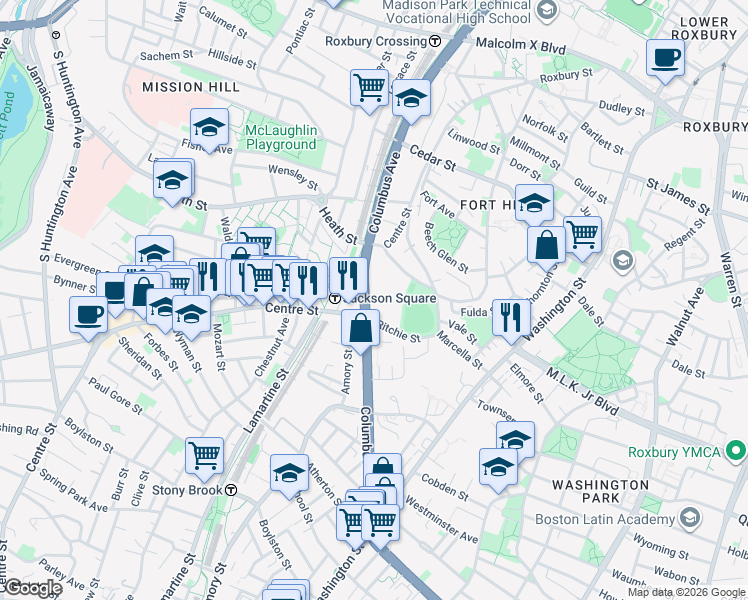 map of restaurants, bars, coffee shops, grocery stores, and more near 1542 Columbus Avenue in Boston