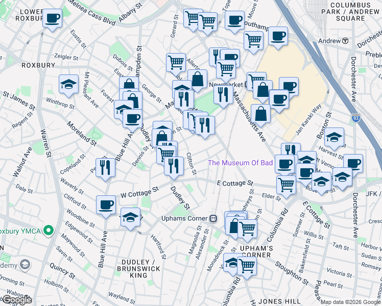 map of restaurants, bars, coffee shops, grocery stores, and more near 11 Marshfield Street in Boston