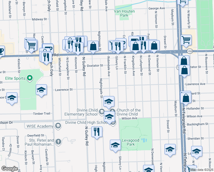 map of restaurants, bars, coffee shops, grocery stores, and more near 1620 Robindale Avenue in Dearborn