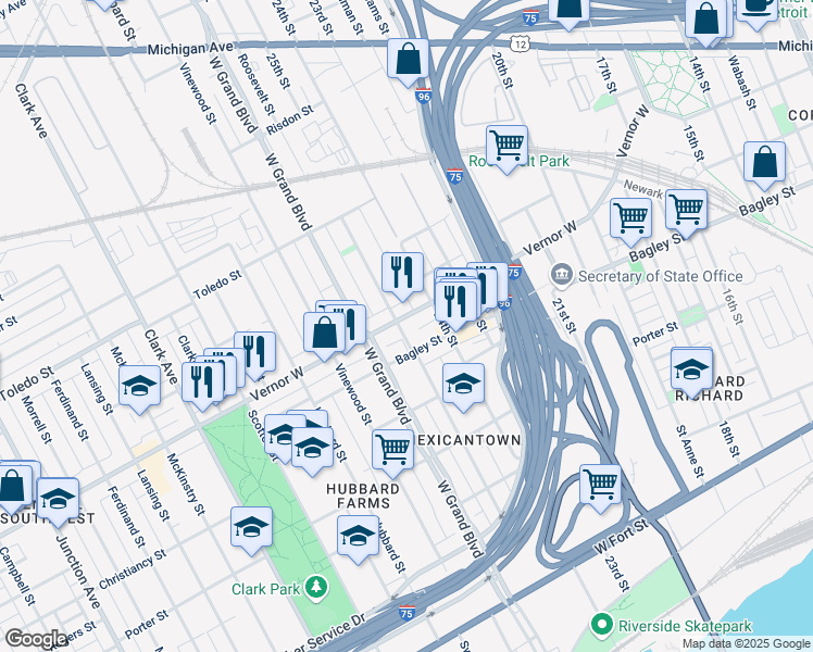 map of restaurants, bars, coffee shops, grocery stores, and more near 3628 Bagley Street in Detroit