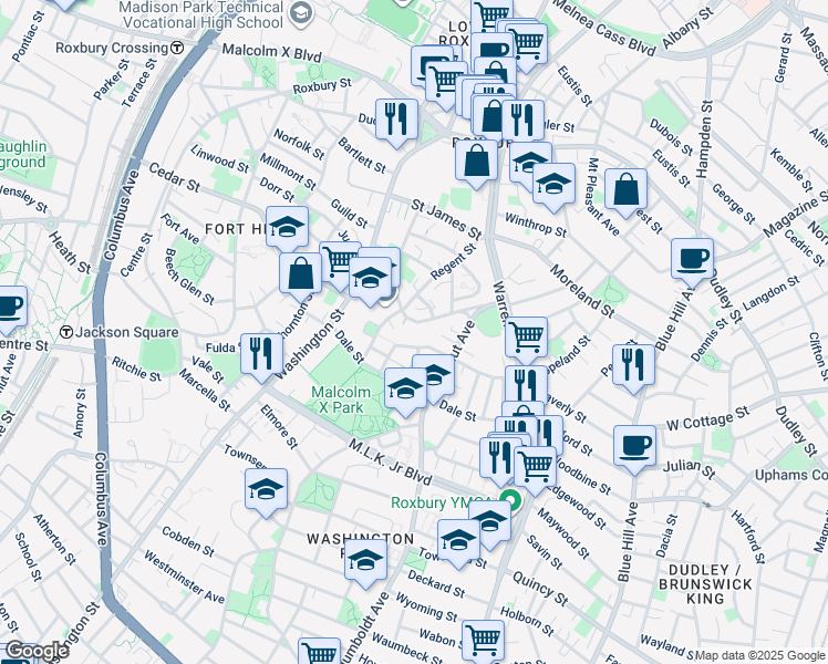 map of restaurants, bars, coffee shops, grocery stores, and more near 34 Circuit Street in Boston