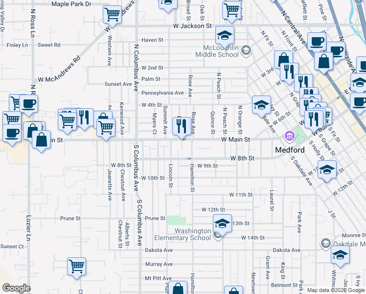 map of restaurants, bars, coffee shops, grocery stores, and more near 1206 West 8th Street in Medford