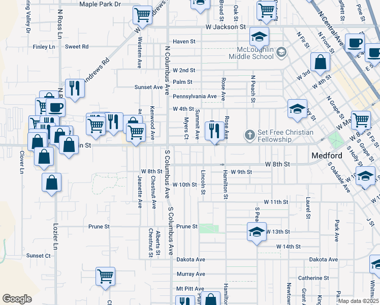 map of restaurants, bars, coffee shops, grocery stores, and more near 1414 West 8th Street in Medford