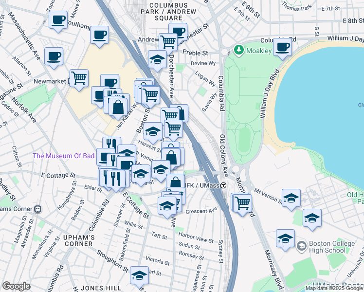 map of restaurants, bars, coffee shops, grocery stores, and more near 834 Dorchester Avenue in Boston