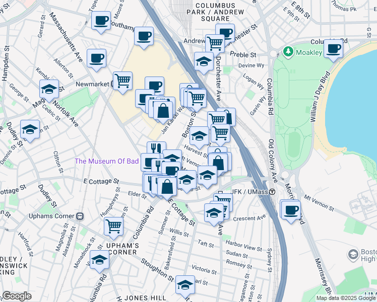 map of restaurants, bars, coffee shops, grocery stores, and more near 9 Mount Vernon Street in Boston