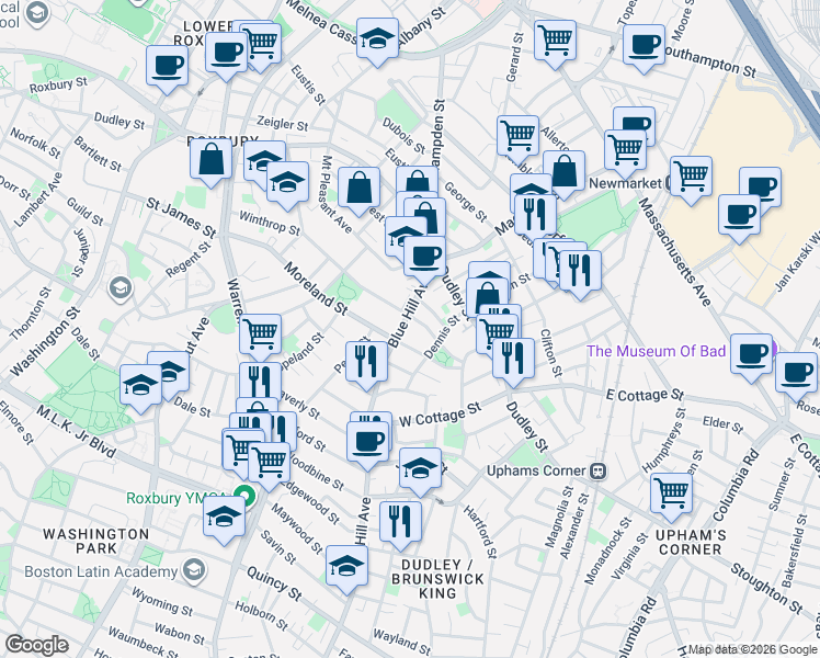 map of restaurants, bars, coffee shops, grocery stores, and more near in Boston
