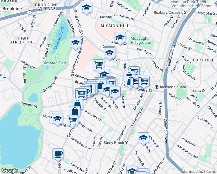 map of restaurants, bars, coffee shops, grocery stores, and more near 358a Centre Street in Boston