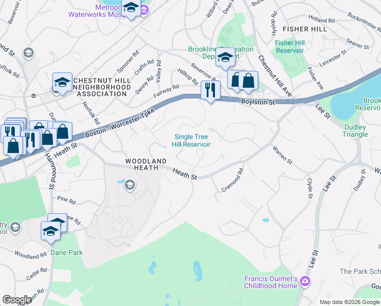 map of restaurants, bars, coffee shops, grocery stores, and more near 130 Cabot Street in Brookline