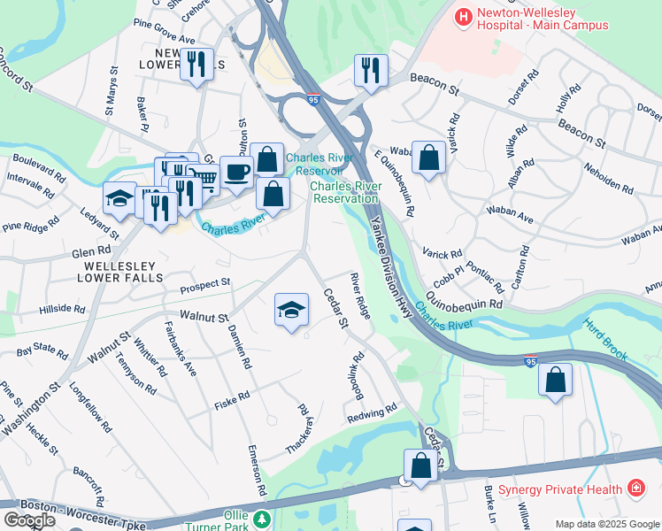 map of restaurants, bars, coffee shops, grocery stores, and more near 37 River Ridge in Wellesley