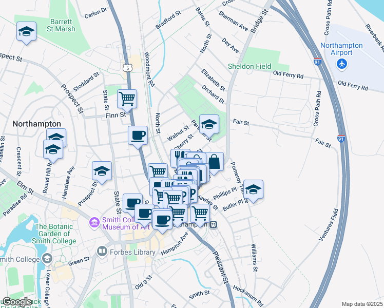 map of restaurants, bars, coffee shops, grocery stores, and more near 25 Union Street in Northampton