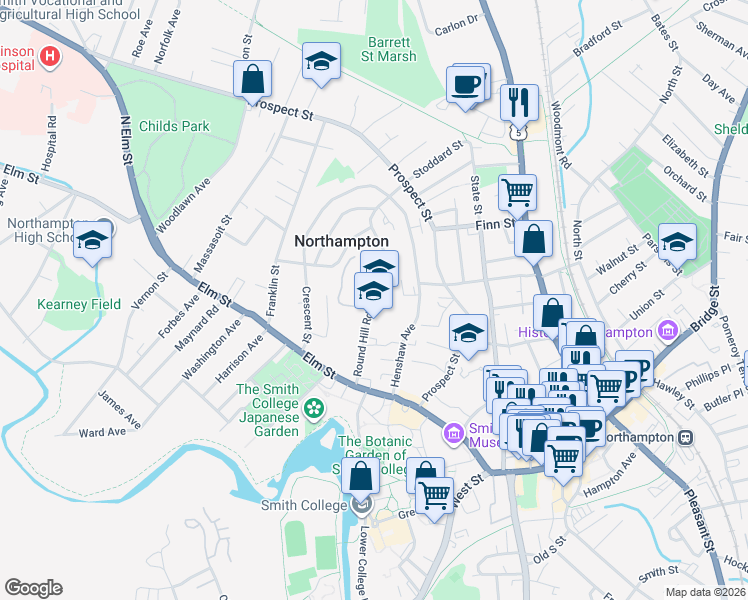 map of restaurants, bars, coffee shops, grocery stores, and more near 32 Round Hill Road in Northampton