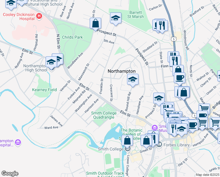 map of restaurants, bars, coffee shops, grocery stores, and more near 211 Elm Street in Northampton