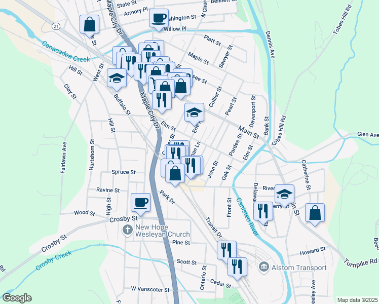 map of restaurants, bars, coffee shops, grocery stores, and more near 591-/2 Jane Street in Hornell