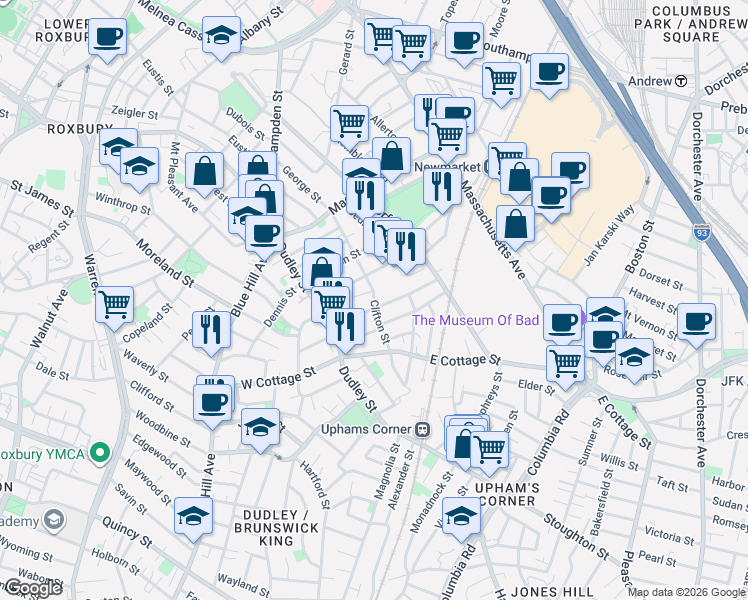map of restaurants, bars, coffee shops, grocery stores, and more near 19 Burrell Street in Boston