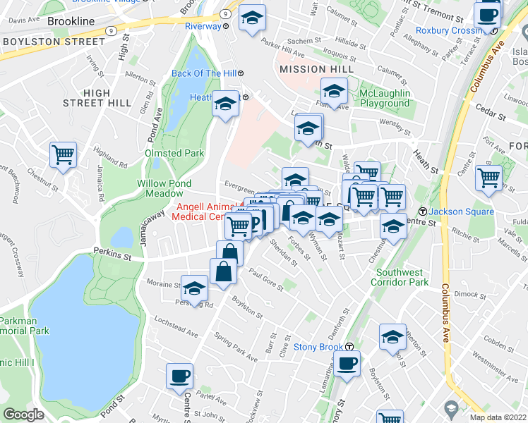 map of restaurants, bars, coffee shops, grocery stores, and more near 386-386A Centre Street in Boston