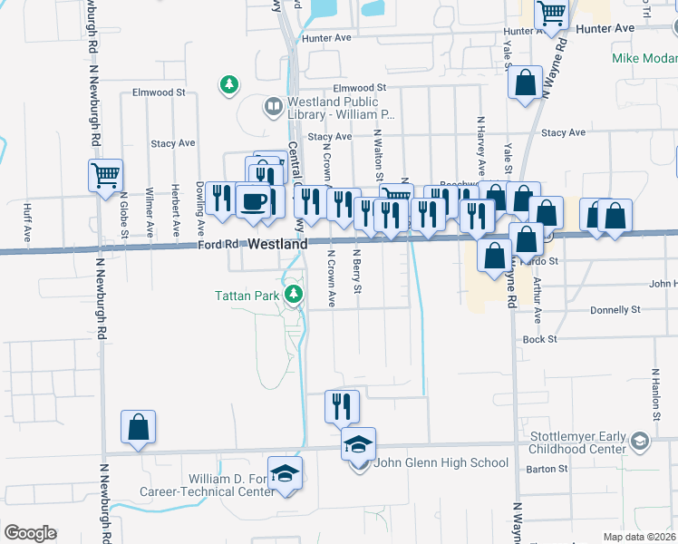 map of restaurants, bars, coffee shops, grocery stores, and more near 1939 North Berry Street in Westland