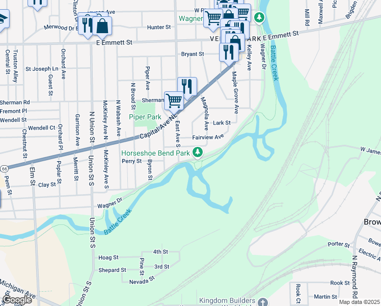 map of restaurants, bars, coffee shops, grocery stores, and more near 89 East Avenue South in Battle Creek
