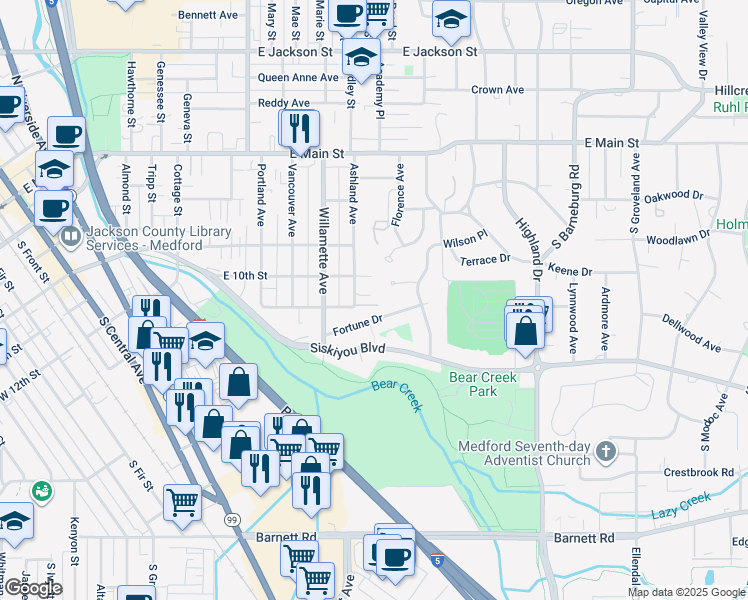 map of restaurants, bars, coffee shops, grocery stores, and more near 1327 Maple Leaf Court in Medford