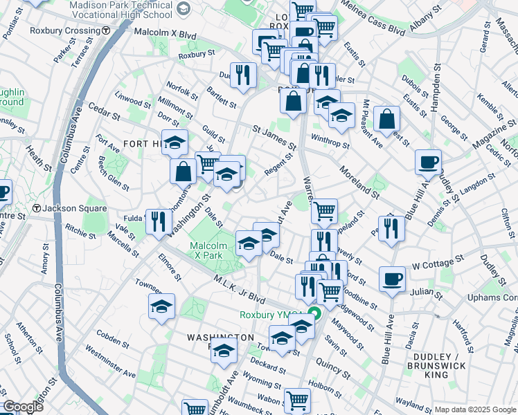map of restaurants, bars, coffee shops, grocery stores, and more near 79 Wakullah Street in Boston