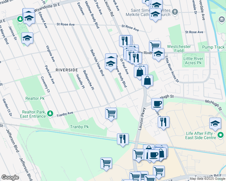 map of restaurants, bars, coffee shops, grocery stores, and more near 1256 Belle Isle View Boulevard in Windsor