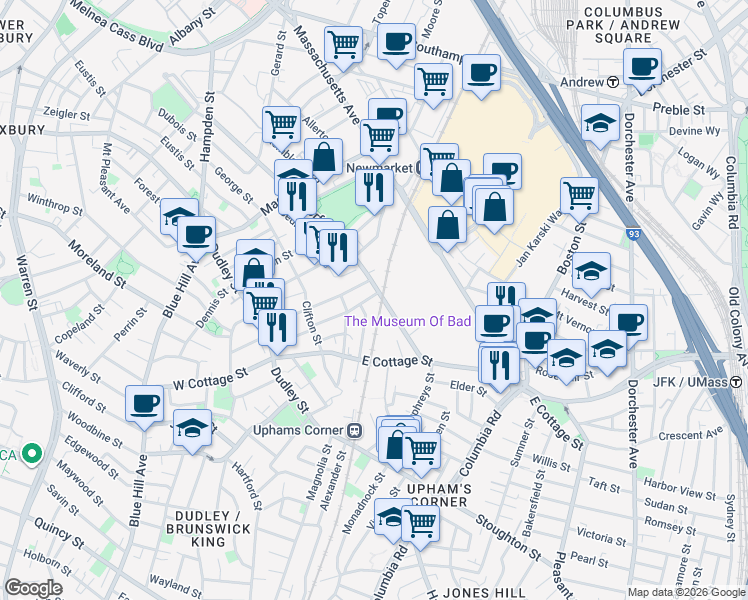 map of restaurants, bars, coffee shops, grocery stores, and more near 23 Robey Street in Boston