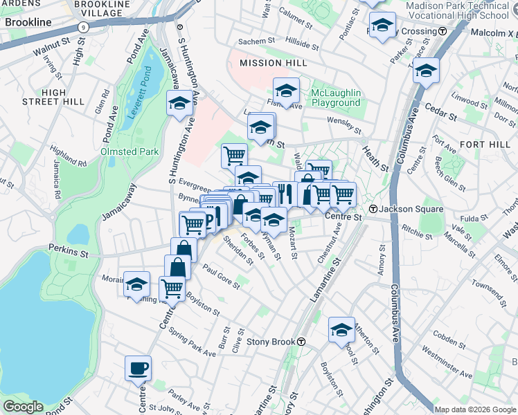 map of restaurants, bars, coffee shops, grocery stores, and more near 47A Creighton Street in Boston