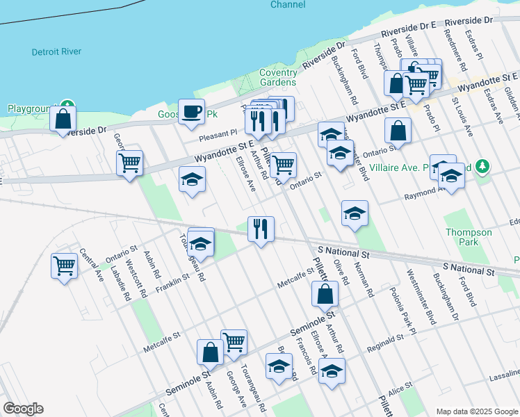 map of restaurants, bars, coffee shops, grocery stores, and more near 915 Ellrose Avenue in Windsor