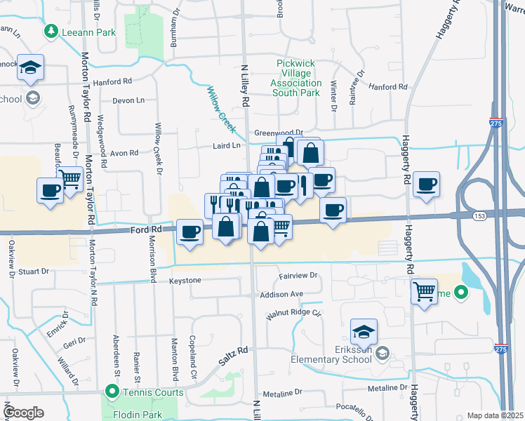 map of restaurants, bars, coffee shops, grocery stores, and more near 5730 North Lilley Road in Canton