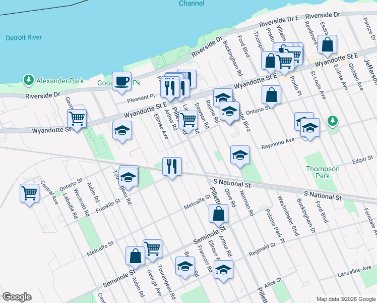 map of restaurants, bars, coffee shops, grocery stores, and more near 908 Pillette Road in Windsor