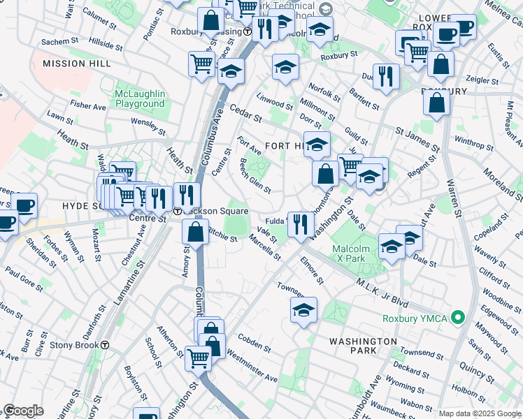 map of restaurants, bars, coffee shops, grocery stores, and more near 65 Beech Glen Street in Boston