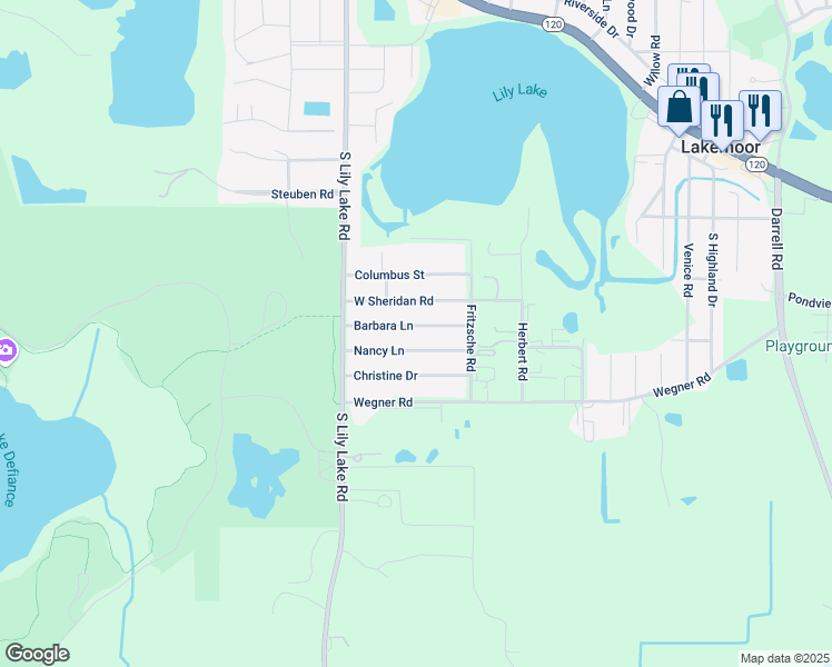 map of restaurants, bars, coffee shops, grocery stores, and more near 615 West Sheridan Road in Lakemoor