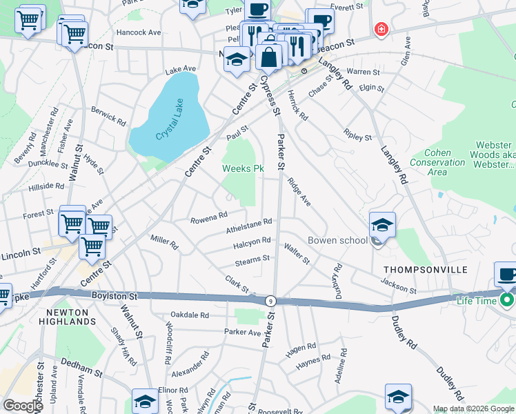 map of restaurants, bars, coffee shops, grocery stores, and more near 93 Oxford Road in Newton